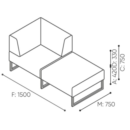 Dimensions du module compact avec dossier et accoudoirs hauts. - Plint