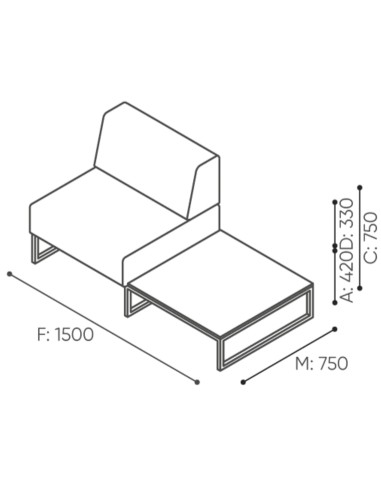 Dimensions du module d’assise individuelle avec dossier moyen et design géométrique. - Plint