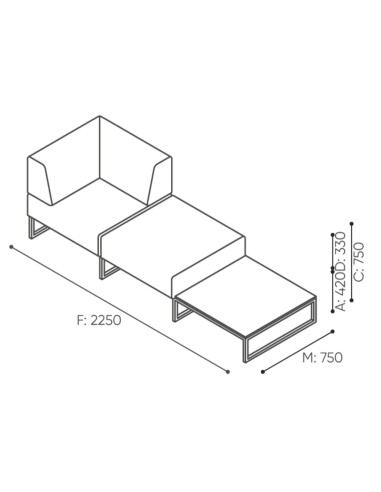 Dimensions du canapé en L avec deux modules connectés et base métallique. - Plint
