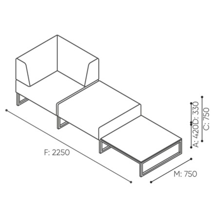 Dimensions du canapé en L avec deux modules connectés et base métallique. - Plint
