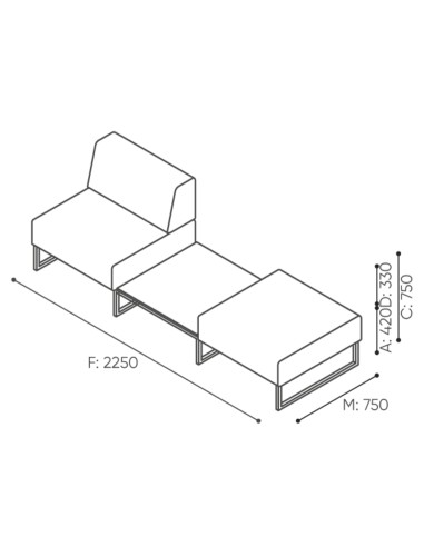 Dimensions du canapé deux places avec accoudoir à droite. - Plint
