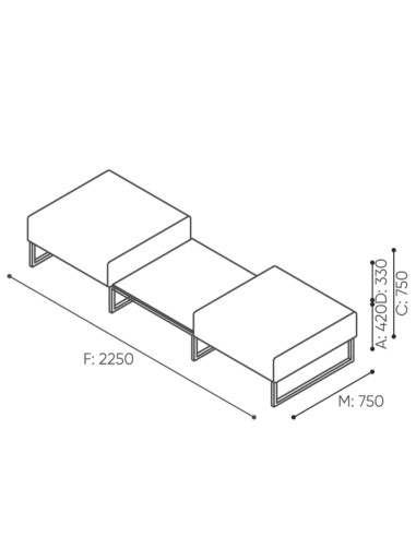 Dimensions du canapé trois places avec dossier continu et structure basse. - Plint