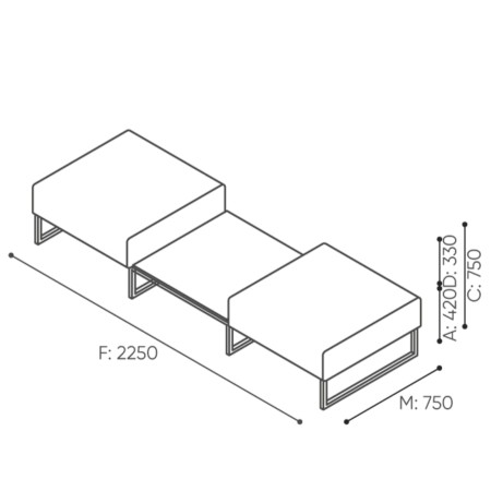 Dimensions du canapé trois places avec dossier continu et structure basse. - Plint