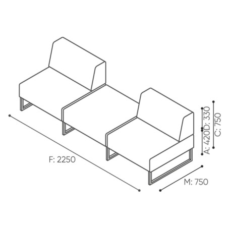 Dimensions du module central sans accoudoir, adaptable à différentes configurations. - Plint