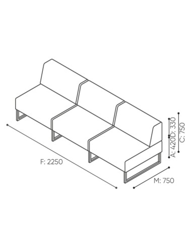 Dimensions du module d’angle gauche avec dossier et base métallique. - Plint