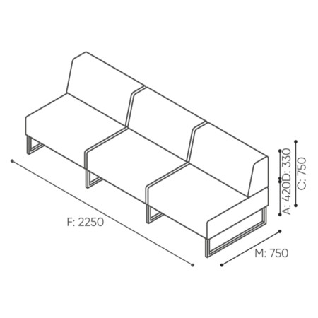 Dimensions du module d’angle gauche avec dossier et base métallique. - Plint