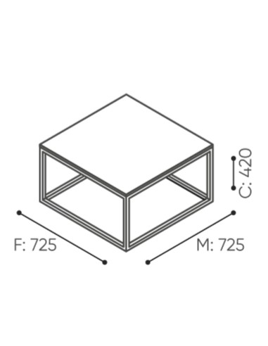 Dimensions de la table basse carrée Plint, modèle bas à structure ouverte pour une intégration harmonieuse. - Plint