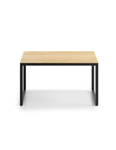 Vue de face d’une table basse rectangulaire Plint, dotée d’un plateau en bois et d’un piètement métallique noir. - Plint