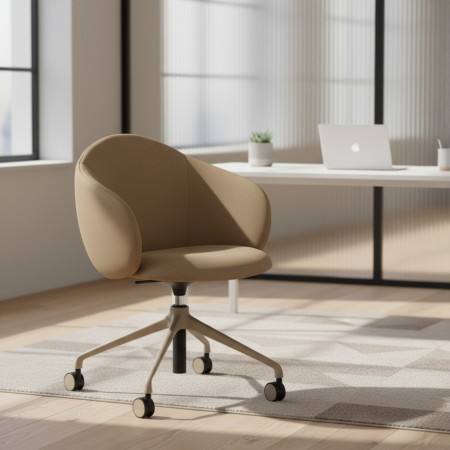 Chaise Volta pivotante avec dossier arrondi et assise tapissée beige, montée sur un piètement noir à cinq branches avec roulette 2