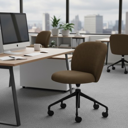 Chaise Volta tapissée marron dans un bureau vitré lumineux – Volta