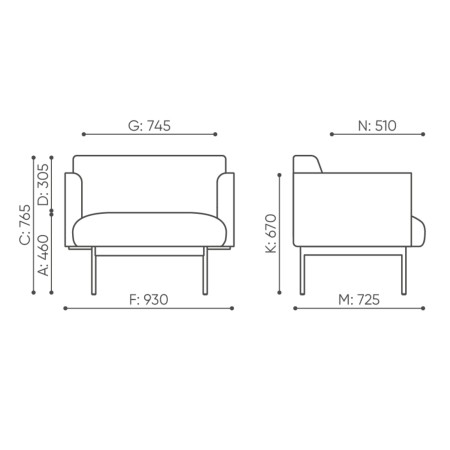 Dimensions du fauteuil tapissé avec accoudoirs Fora Office. - Fora Office