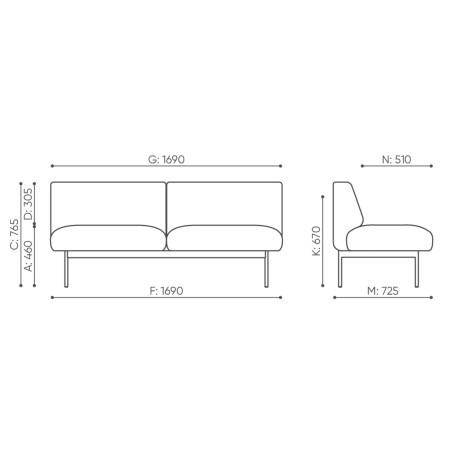 Dimensions du canapé tapissé deux places Fora Office. - Fora Office
