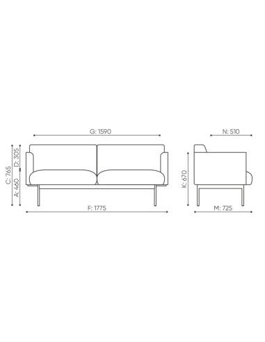 Dimensions du canapé tapissé avec accoudoirs Fora Office. - Fora Office