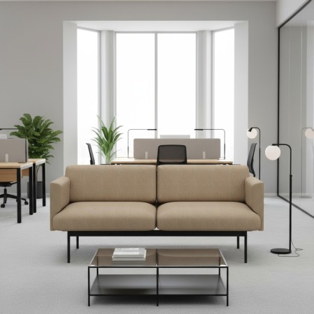 Canapé tapissé beige deux places avec accoudoirs, design sobre et raffiné. - Fora Office 2