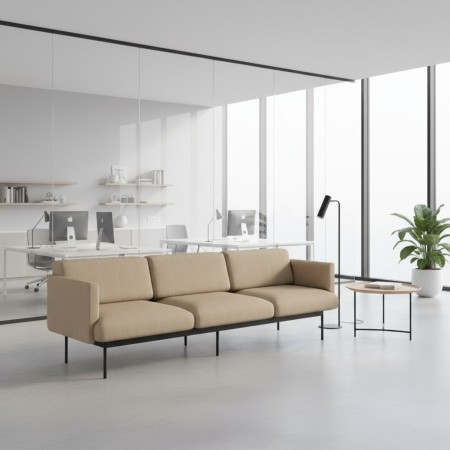 Canapé tapissé beige trois places, design rectiligne et structure en métal noir. - Fora Office 2