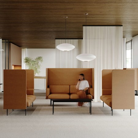 Canapé tapissé deux places avec dossier haut et structure métallique fine. - Fora Office 2