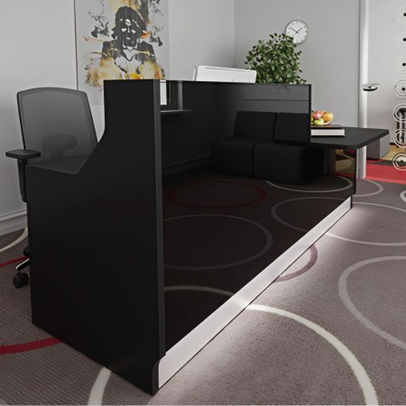 Banque d'accueil noir avec module bas et siège de travail noir et gris