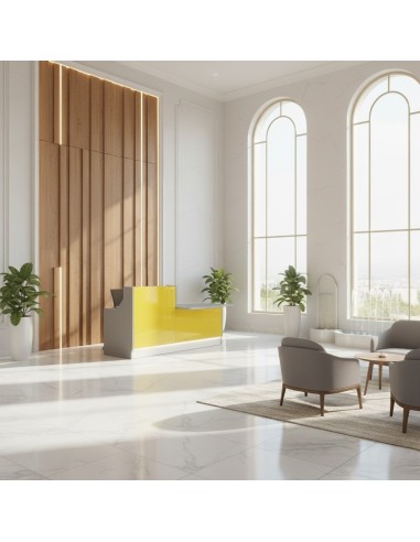 Espace d'accueil avec meuble de réception façade jaune, table basse et fauteuils gris