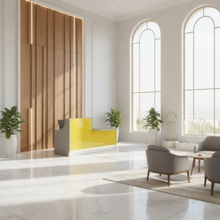 Espace d'accueil avec meuble de réception façade jaune, table basse et fauteuils gris