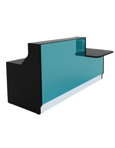 Meuble de réception façade turquoise, structure noire, avec accès PMR