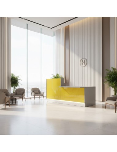 Meuble de réception jaune dans espace d'accueil avec fauteuil et table basse