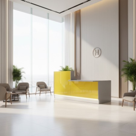 Meuble de réception jaune dans espace d'accueil avec fauteuil et table basse