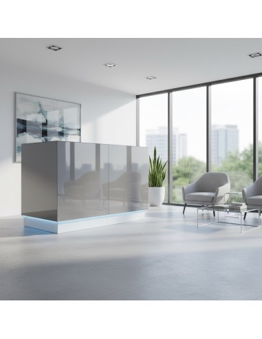 Meuble de réception gris dans espace d'accueil avec fauteuils