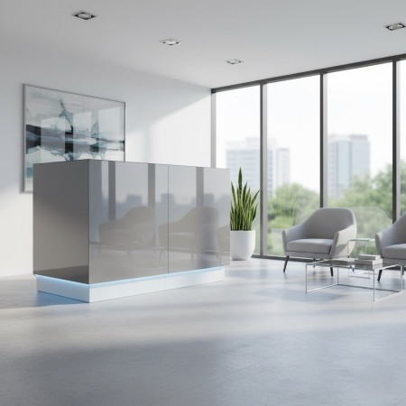 Meuble de réception gris dans espace d'accueil avec fauteuils