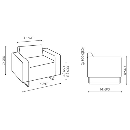 Dimensions du fauteuil tapissé modulaire avec accoudoirs et piètement métallique. - Quadra