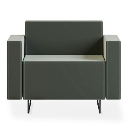 Fauteuil tapissé gris aux formes cubiques avec piètement en métal noir. - Quadra