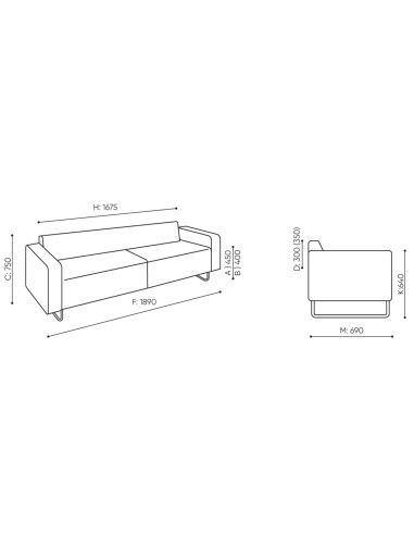 Dimensions du canapé trois places modulaire avec accoudoirs fins. - Quadra