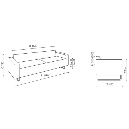 Dimensions du canapé trois places modulaire avec accoudoirs fins. - Quadra