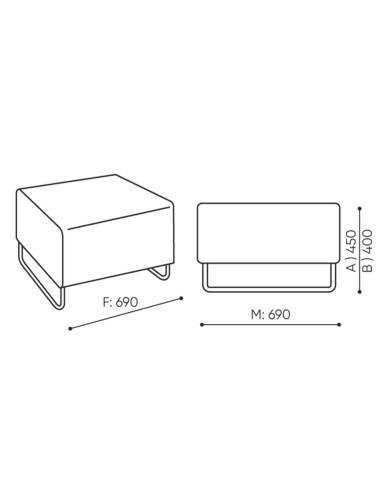 Dimensions du module droit tapissé avec dossier bas et base métallique. - Quadra