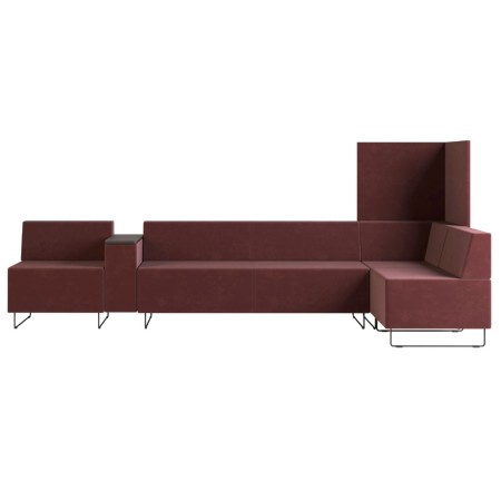 Configuration en angle avec modules tapissés rouges et table intégrée. - Quadra