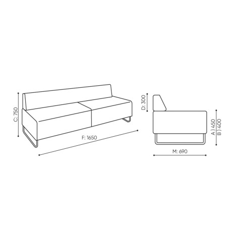 Dimensions de la banquette modulaire avec accoudoir et dossier hauts. - Quadra