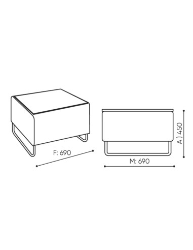 Dimensions du module d’assise rectangulaire avec dossier bas. - Quadra