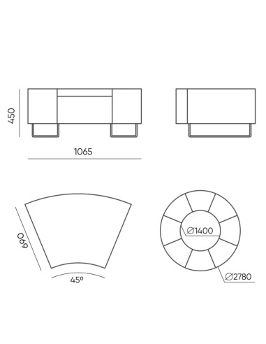 Dimensions du module incurvé avec vue de dessus circulaire. - Quadra