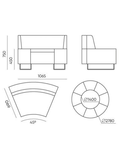 Dimensions du module incurvé et schéma d’assemblage circulaire. - Quadra