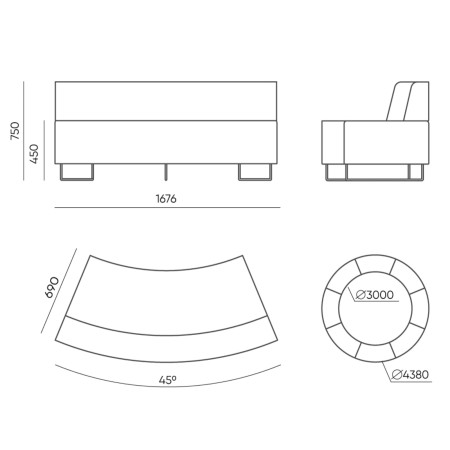 Dimensions canapé courbe grand confort avec dossier - Quadra