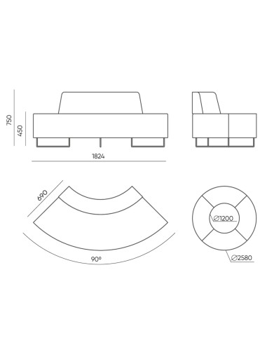 Dimensions du module circulaire et de la banquette incurvée. - Quadra