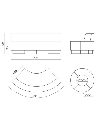 Dimensions du module incurvé et du système modulaire. - Quadra