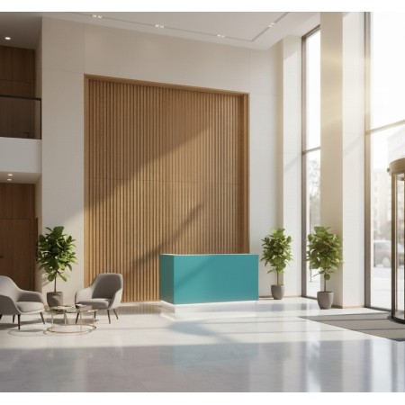 Meuble d'accueil blanc dans petit espace de réception lumineux