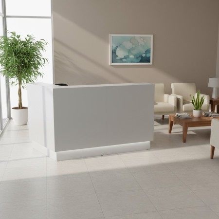 Meuble d'accueil blanc dans petit espace de réception lumineux