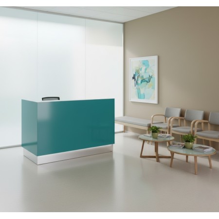 Meuble façade turquoise dans espace d'accueil