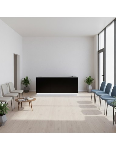 Banque d'accueil en forme de U avec led intégrée dans espace d'acceuil avec fauteils et table basse