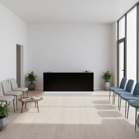 Banque d'accueil en forme de U avec led intégrée dans espace d'acceuil avec fauteils et table basse