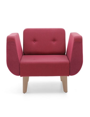 Fauteuil rouge vif avec accoudoirs arrondis et pieds en bois clair. - U Floe