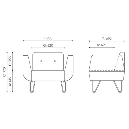 Dimensions du fauteuil illustrant sa forme compacte et ses pieds inclinés. - U Floe