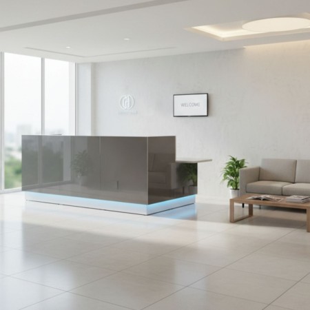 Meuble de réception gris avec partie plus basse PMR dans espace d'accueil lumineux