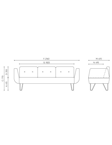 Dimensions du canapé deux places avec dossier capitonné et pieds bois. - U Floe